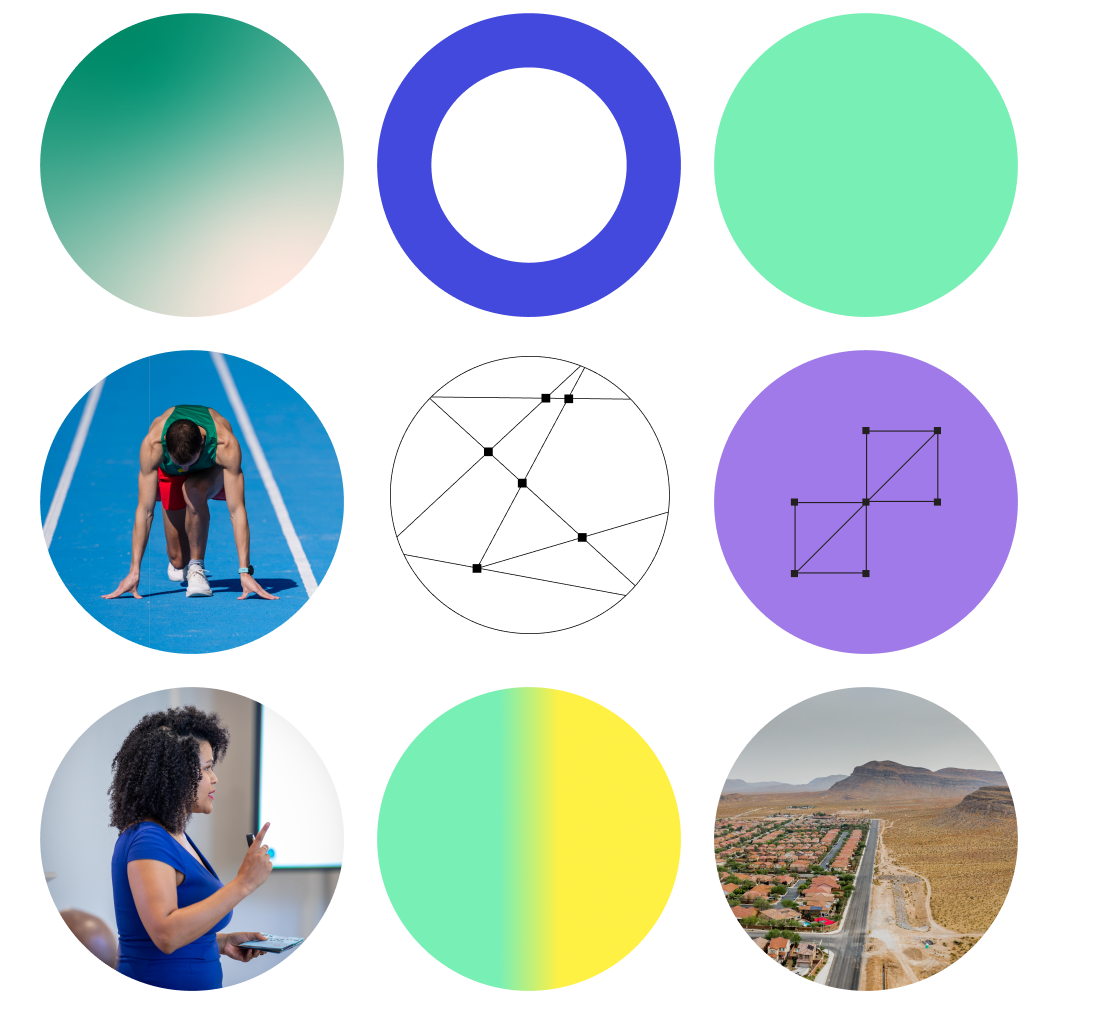 graphic that contains trustweek branded circular framed gradients, graphics and photos