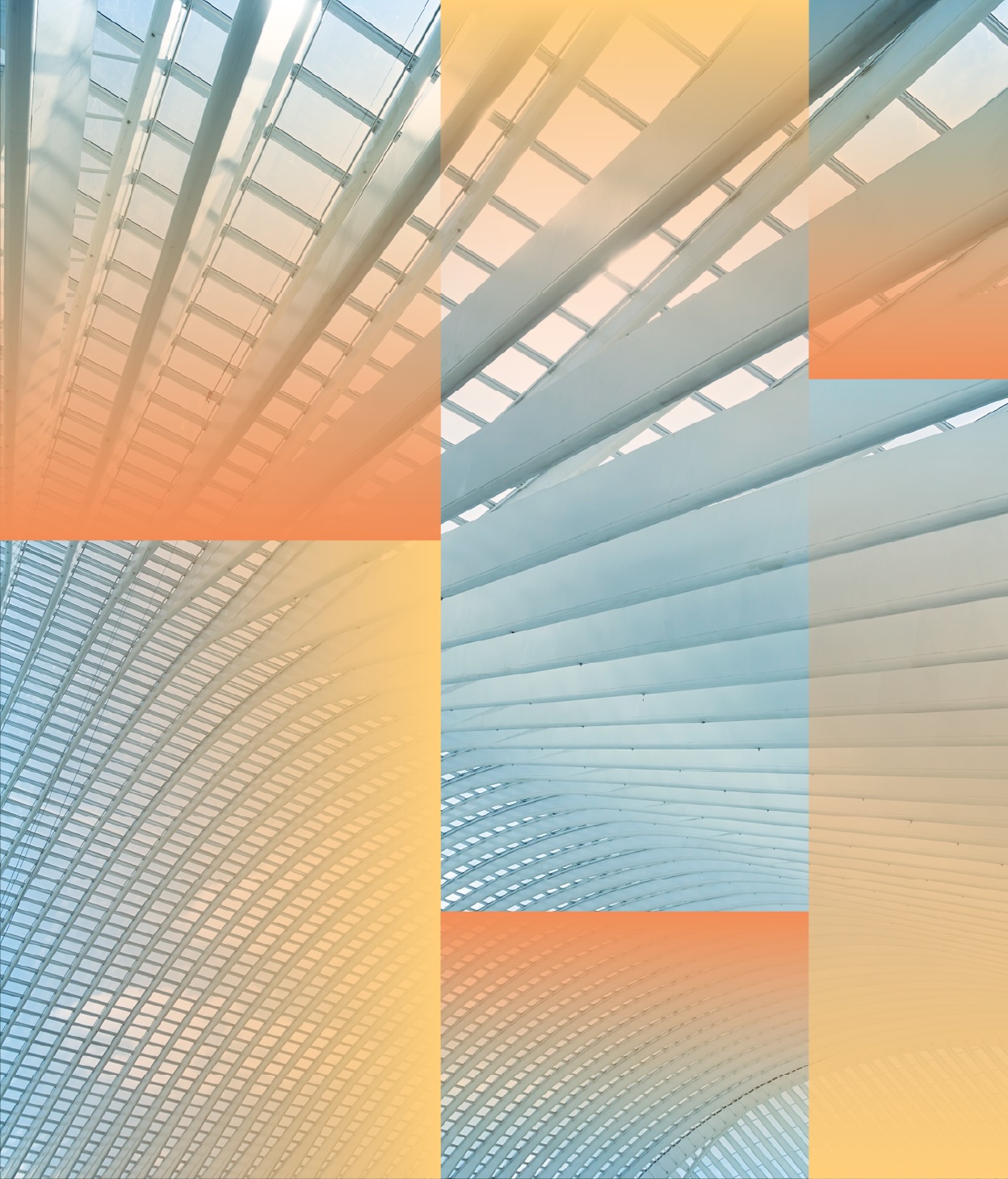 Abstract architectural image showing a glass-and-steel ceiling with repeating curved beams, overlaid with translucent orange and yellow gradient blocks.